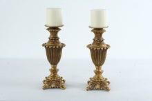 Load image into Gallery viewer, Pair Gold Tone Ornate Candle Holders Traditional Tabletop Pillar Candlesticks