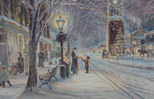Load image into Gallery viewer, Candlelight Stroll by Trisha Romance – Limited Edition Signed & Numbered Print (2613/15000) w/ COA – 36.5" x 29" Framed Winter Village Scene