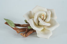 Load image into Gallery viewer, Capodimonte-Style Porcelain Rose Sculpture on Driftwood Branch – Handcrafted White Rose Art
