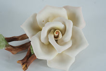 Load image into Gallery viewer, Capodimonte-Style Porcelain Rose Sculpture on Driftwood Branch – Handcrafted White Rose Art