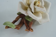 Load image into Gallery viewer, Capodimonte-Style Porcelain Rose Sculpture on Driftwood Branch – Handcrafted White Rose Art