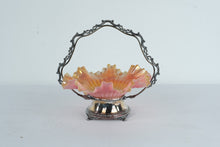 Load image into Gallery viewer, Antique Silver Brides Basket with Peach Pink Ribbed Glass Bowl