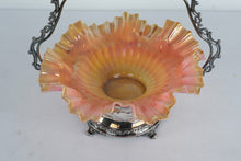 Load image into Gallery viewer, Antique Silver Brides Basket with Peach Pink Ribbed Glass Bowl