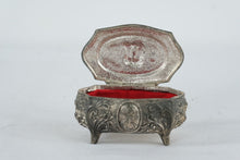 Load image into Gallery viewer, Ornate Silver Tone Jewelry Casket Trinket Box Cherub Relief Footed