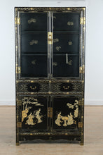 Load image into Gallery viewer, Vintage Chinese Jinlong Black Lacquer Chinoiserie Display Cabinet with Gilt Figures