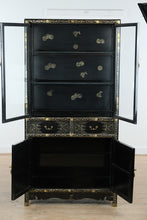 Load image into Gallery viewer, Vintage Chinese Jinlong Black Lacquer Chinoiserie Display Cabinet with Gilt Figures