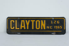 Load image into Gallery viewer, 1965 North Carolina License Plate Clayton NC 126 Original Yellow Black