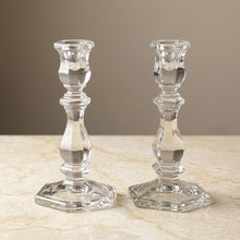 Load image into Gallery viewer, Vintage Clear Glass Candlestick Holders Pair Twisted Stem Hexagon Base 4 Inch