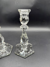 Load image into Gallery viewer, Vintage Clear Glass Candlestick Holders Pair Twisted Stem Hexagon Base 4 Inch