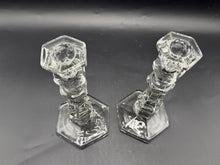 Load image into Gallery viewer, Vintage Clear Glass Candlestick Holders Pair Twisted Stem Hexagon Base 4 Inch