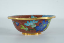 Load image into Gallery viewer, Cloisonné Bowl with Blue Lotus Flowers & Golden Bird – Hand-Enameled Floral Art on Red Ground