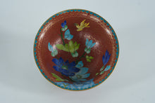 Load image into Gallery viewer, Cloisonné Bowl with Blue Lotus Flowers & Golden Bird – Hand-Enameled Floral Art on Red Ground