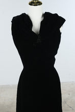Load image into Gallery viewer, Vintage 1940s Black Velvet Draped Cocktail Dress Film Noir Evening Gown