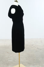 Load image into Gallery viewer, Vintage 1940s Black Velvet Draped Cocktail Dress Film Noir Evening Gown