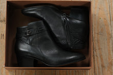 Load image into Gallery viewer, Coach Patricia Leather Ankle Boots – Black/Black – Size 10M – Snakeskin Embossed Strap