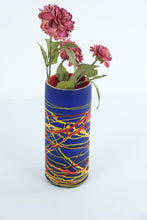 Load image into Gallery viewer, Art Glass Cylinder Vase Cobalt Blue Red Yellow Abstract 10 Inch