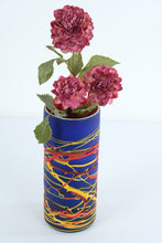 Load image into Gallery viewer, Art Glass Cylinder Vase Cobalt Blue Red Yellow Abstract 10 Inch