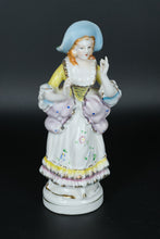 Load image into Gallery viewer, Vintage Colonial Lady Porcelain Figurine – 8.25” Hand-Painted Figurine with Bonnet and Ruffled Gown