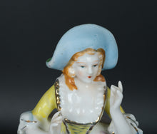 Load image into Gallery viewer, Vintage Colonial Lady Porcelain Figurine – 8.25” Hand-Painted Figurine with Bonnet and Ruffled Gown