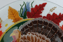Load image into Gallery viewer, Peggy Karr Turkey on Green Fused Glass Thanksgiving Platter 13 75 Inch Vintage