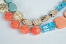 Load image into Gallery viewer, Double Strand Coral Turquoise Blue Beaded Statement Necklace Boho Jewelry