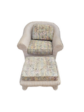 Load image into Gallery viewer, Cream Woven Wicker Lounge Chair & Matching Ottoman – Tropical Upholstery, Coastal Cottage Style