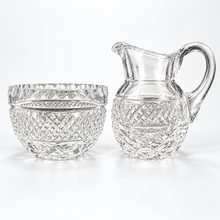 Load image into Gallery viewer, Clear Pressed Glass Creamer and Sugar Bowl Set Diamond Pattern Starburst Base