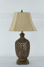 Load image into Gallery viewer, Tall Lattice Carved Bronze Table Lamp with Beige Shade β 35"