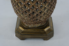 Load image into Gallery viewer, Tall Lattice Carved Bronze Table Lamp with Beige Shade β 35"