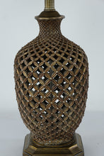 Load image into Gallery viewer, Tall Lattice Carved Bronze Table Lamp with Beige Shade β 35"