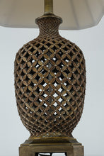 Load image into Gallery viewer, Tall Lattice Carved Bronze Table Lamp with Beige Shade β 35"