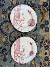 Load image into Gallery viewer, Pair of Antique Red Transferware Saucers – Birds & Blossoms Pattern, Victorian Aesthetic Movement