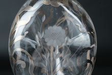 Load image into Gallery viewer, Silver Overlay Glass Decanter Floral Etched Art Nouveau Style Stopper 9 5 Inch