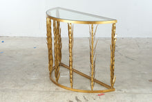 Load image into Gallery viewer, Laurel Demi-Lune Gilt Metal Wheat Sheaf Console Table with Glass Top