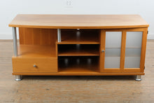 Load image into Gallery viewer, Teak Media Console Cabinet with Frosted Glass Doors and Metal Legs