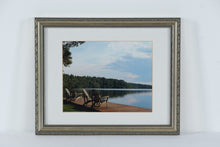 Load image into Gallery viewer, Framed Lakeside Dock Photograph – 15.75" x 12.75" Adirondack Chairs Landscape Wall Art