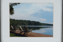 Load image into Gallery viewer, Framed Lakeside Dock Photograph – 15.75" x 12.75" Adirondack Chairs Landscape Wall Art