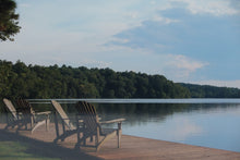 Load image into Gallery viewer, Framed Lakeside Dock Photograph – 15.75" x 12.75" Adirondack Chairs Landscape Wall Art