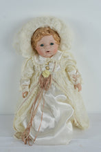 Load image into Gallery viewer, Porcelain Baby Doll in Ivory Lace Christening Gown – Handcrafted Collectible with Bonnet & Satin Trim