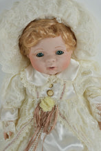 Load image into Gallery viewer, Porcelain Baby Doll in Ivory Lace Christening Gown – Handcrafted Collectible with Bonnet & Satin Trim