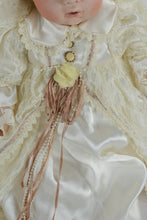 Load image into Gallery viewer, Porcelain Baby Doll in Ivory Lace Christening Gown – Handcrafted Collectible with Bonnet & Satin Trim