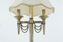 Load image into Gallery viewer, Vintage French-Style Candelabra Table Lamp with Cream Bell Shade – Gold Patina