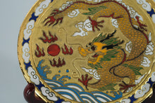 Load image into Gallery viewer, Chinese Cloisonné Dragon Decorative Plate – 5" Gold-Ground Enamel Plate with Clouds & Waves – Display Stand Included