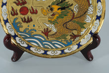 Load image into Gallery viewer, Chinese Cloisonné Dragon Decorative Plate – 5" Gold-Ground Enamel Plate with Clouds & Waves – Display Stand Included