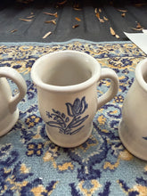 Load image into Gallery viewer, Set of 3 Vintage Stoneware Pottery Mugs – Handcrafted Blue Tulip Design, 4.5” Rustic Farmhouse Crock Cups, Country Kitchen Decor