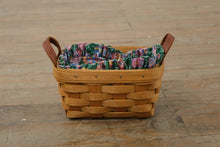 Load image into Gallery viewer, Longaberger 1999 Small Easter Basket w/ Leather Handles, Easter Egg Fabric Liner & Plastic Protector – Handwoven USA (7")