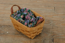 Load image into Gallery viewer, Longaberger 1999 Small Easter Basket w/ Leather Handles, Easter Egg Fabric Liner & Plastic Protector – Handwoven USA (7")