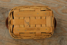 Load image into Gallery viewer, Longaberger 1999 Small Easter Basket w/ Leather Handles, Easter Egg Fabric Liner & Plastic Protector – Handwoven USA (7")