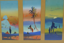 Load image into Gallery viewer, Mid Century Desert Scene Triptych Wall Art Framed Camel Oasis Print 20x16