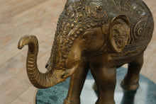 Load image into Gallery viewer, Vintage Brass Elephant Pedestal Side Table with Glass Top and Green Marble Base